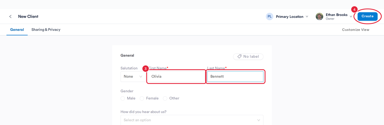 The New Client form with the First Name and Last Name fields and the Create button marked