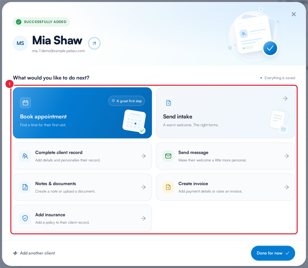 The Successfully added window showing the client’s name and email and the next-step cards marked