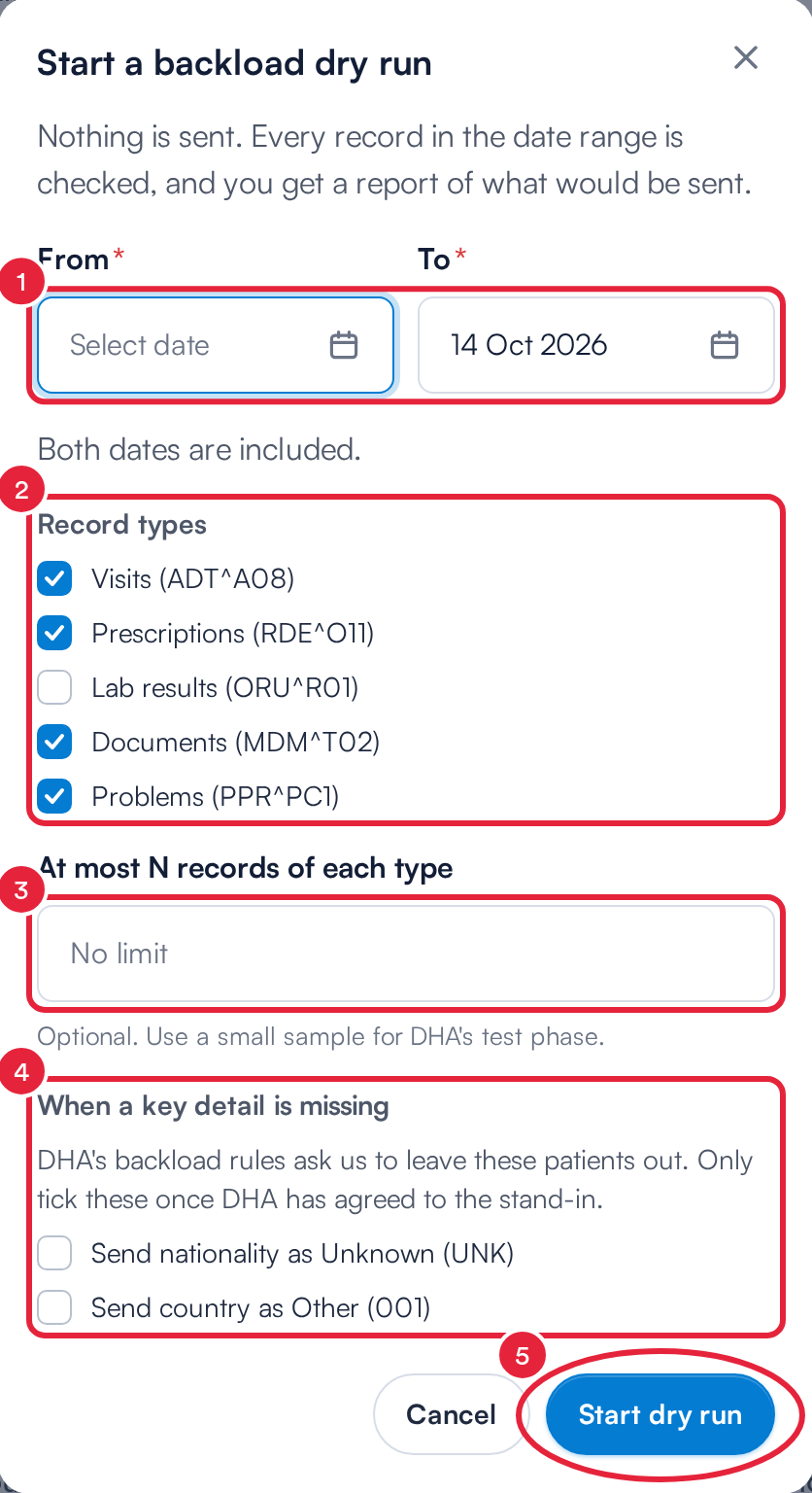 The Start a backload dry run form with the dates, record types, record limit, missing-detail options and Start dry run marked
