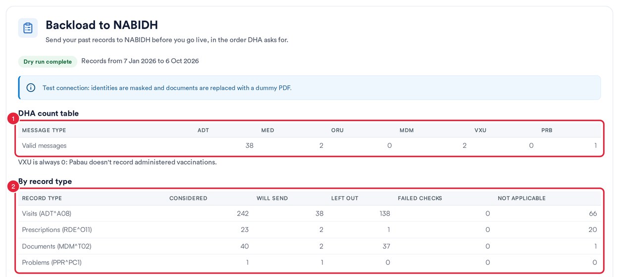 The dry run report with the DHA count table and the By record type table marked