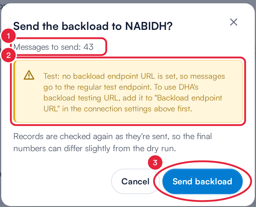 The Send the backload to NABIDH confirmation with the message count, destination note and Send backload button marked