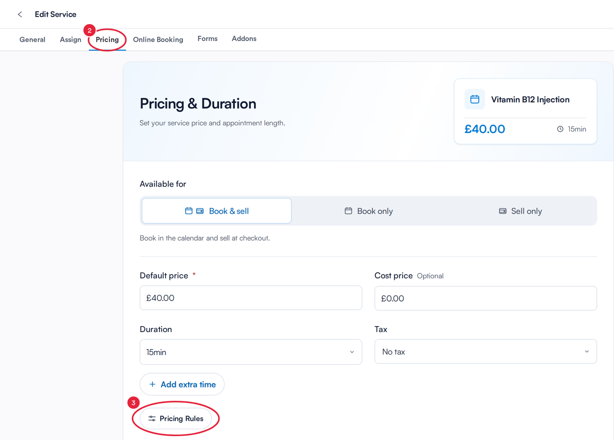 The Pricing tab of a service with the Pricing Rules button marked