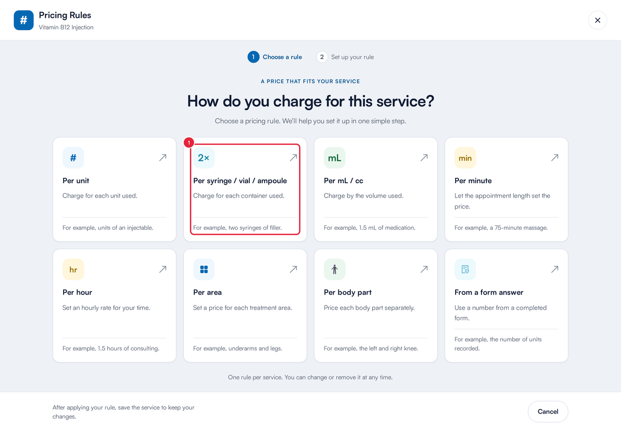 The How do you charge for this service? screen with the eight pricing rules