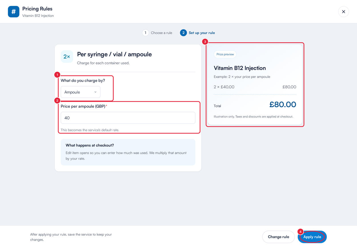 A per ampoule rule with What do you charge by, the price per ampoule, the price preview and Apply rule marked