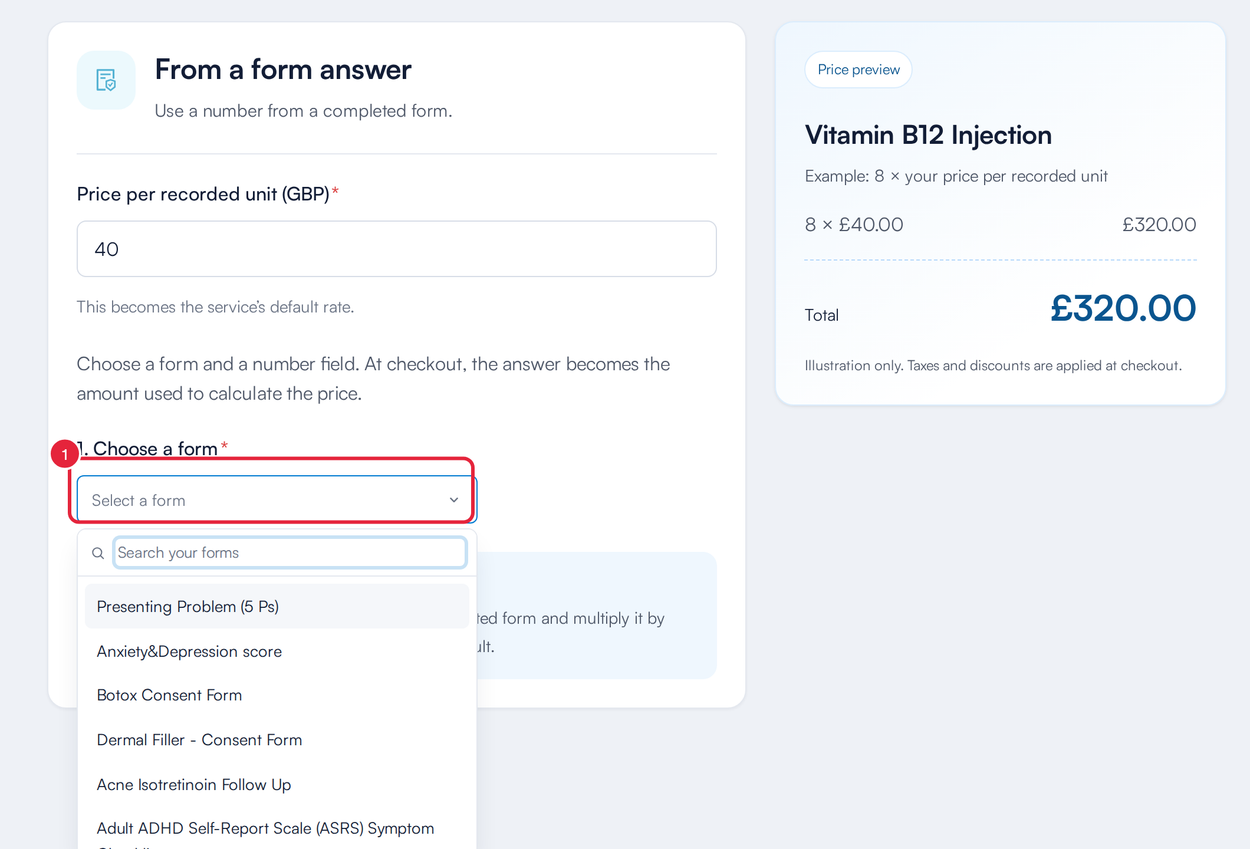 The From a form answer rule with the Choose a form list open