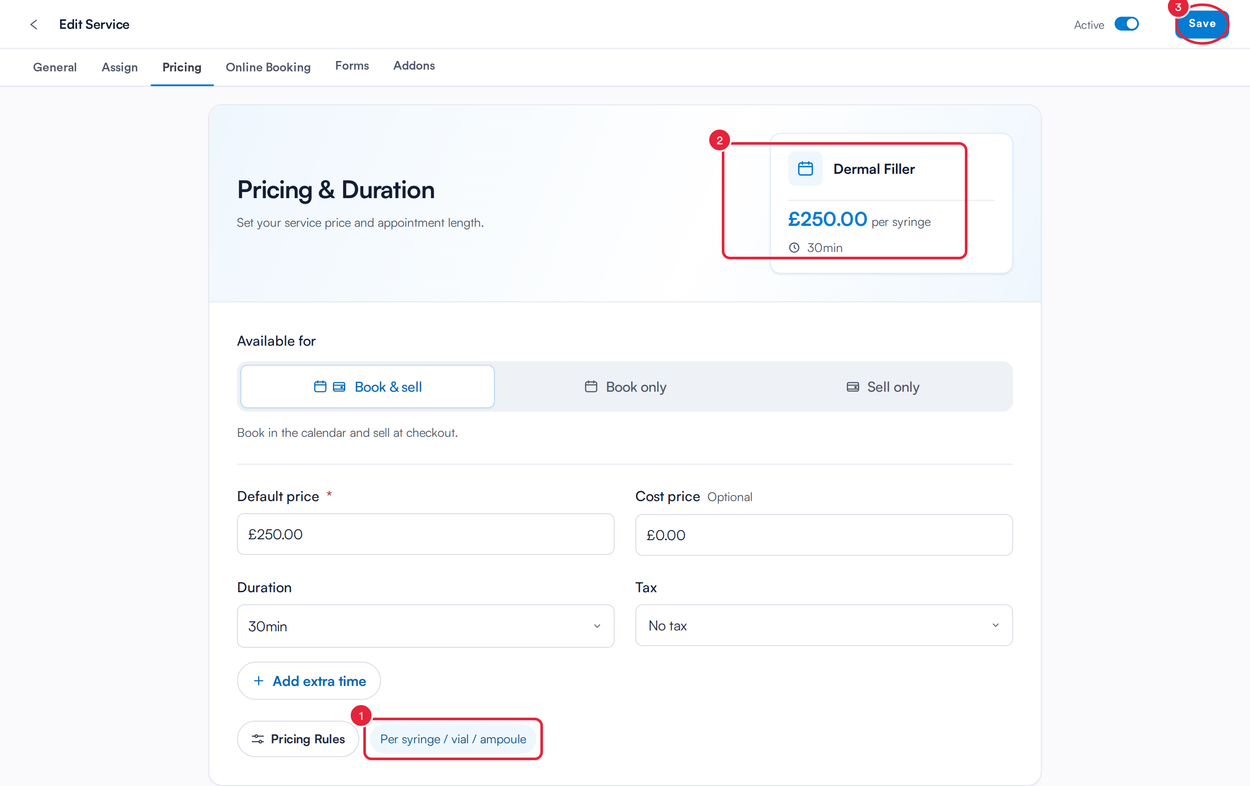 A service with its pricing rule applied, the rate in the price card and the Save button marked