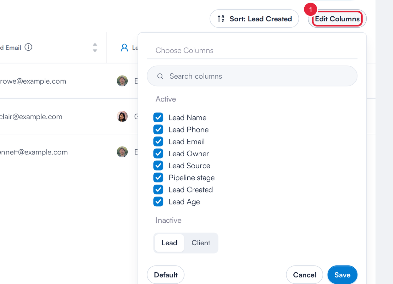 The Edit Columns panel on the Leads list with the Edit Columns button marked