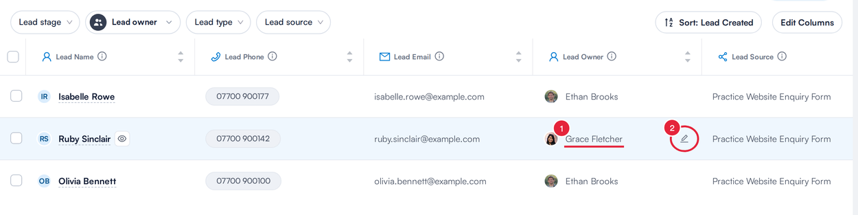 A Lead Owner cell in the Leads list with the pencil icon marked