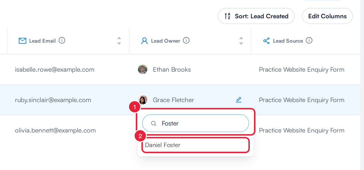 The Lead Owner editor with the Search box and a staff member marked