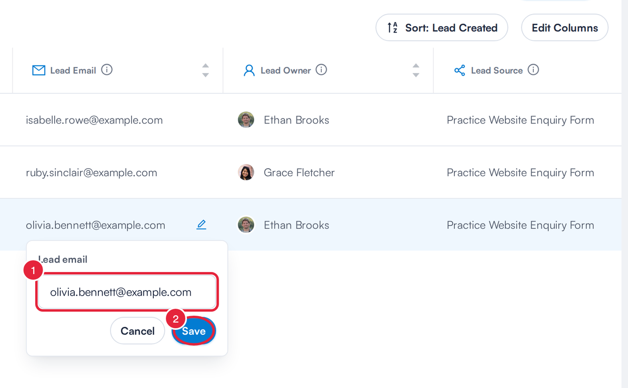 The Lead email editor with the text box and Save marked