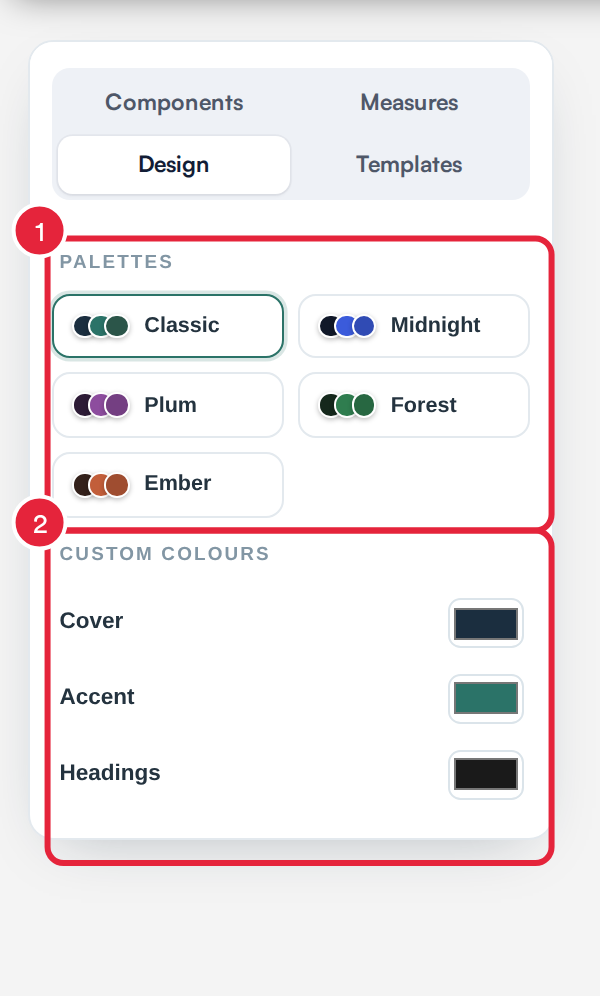The Design panel with Palettes and Custom colours marked