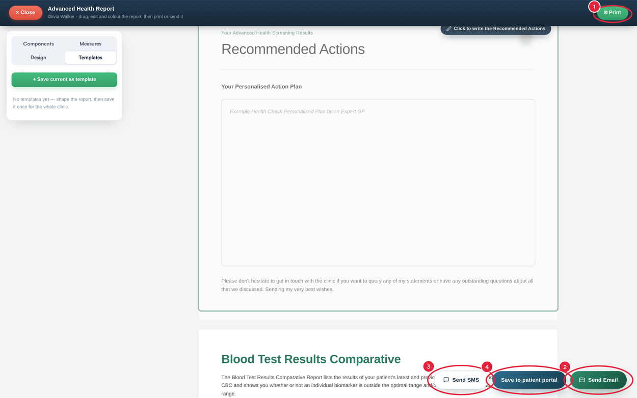 The Advanced Health Report with Print, Send Email, Send SMS and Save to patient portal marked