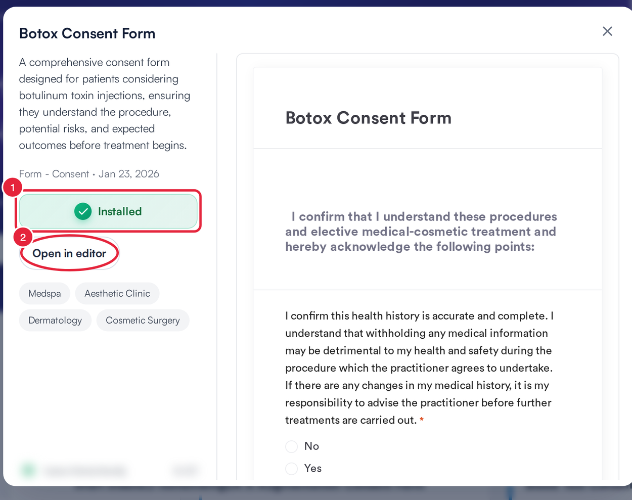 A community template preview showing Installed and the Open in editor button