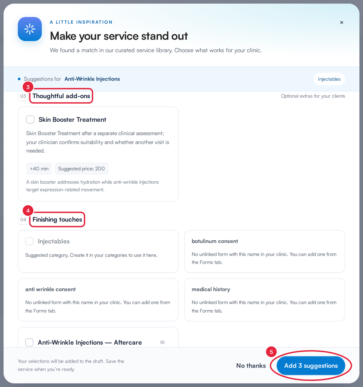 Thoughtful add-ons and Finishing touches sections and the Add 3 suggestions button marked