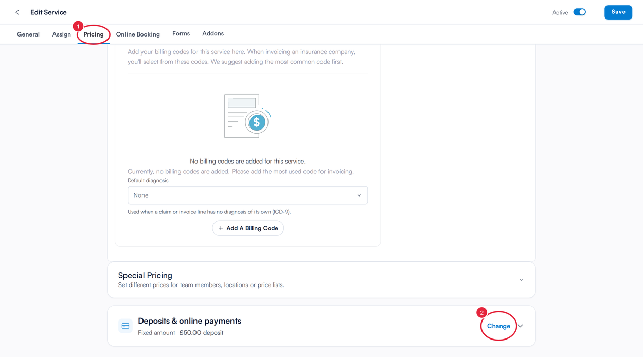 The Pricing tab of a service, with the Change link on Deposits and online payments marked