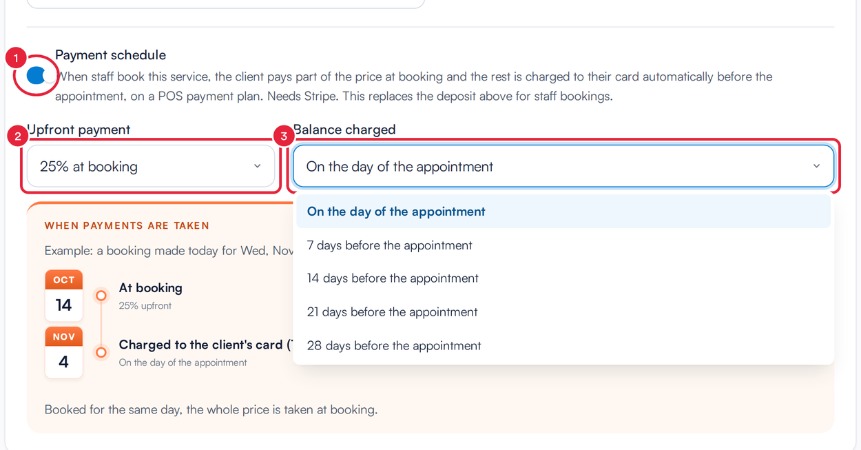 The Payment schedule switch turned on, with the Upfront payment and Balance charged lists marked