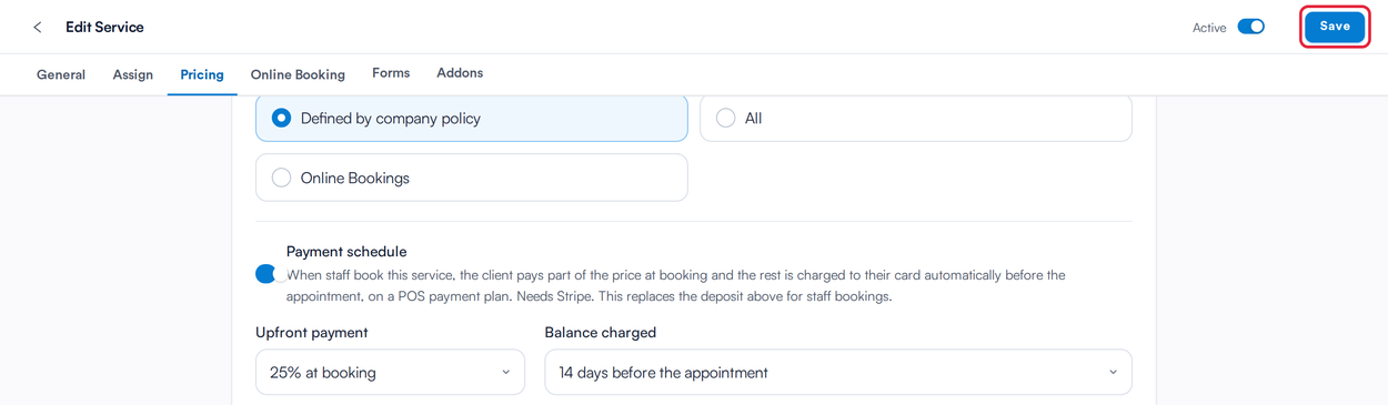 The Save button at the top right of Edit Service