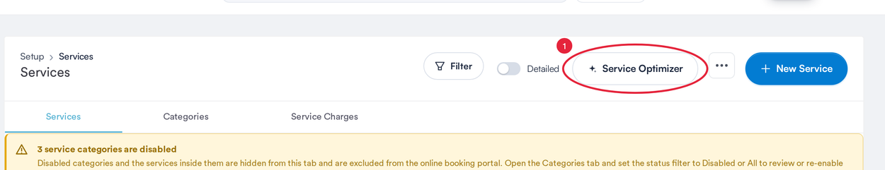 The Services page with the Service Optimizer button marked