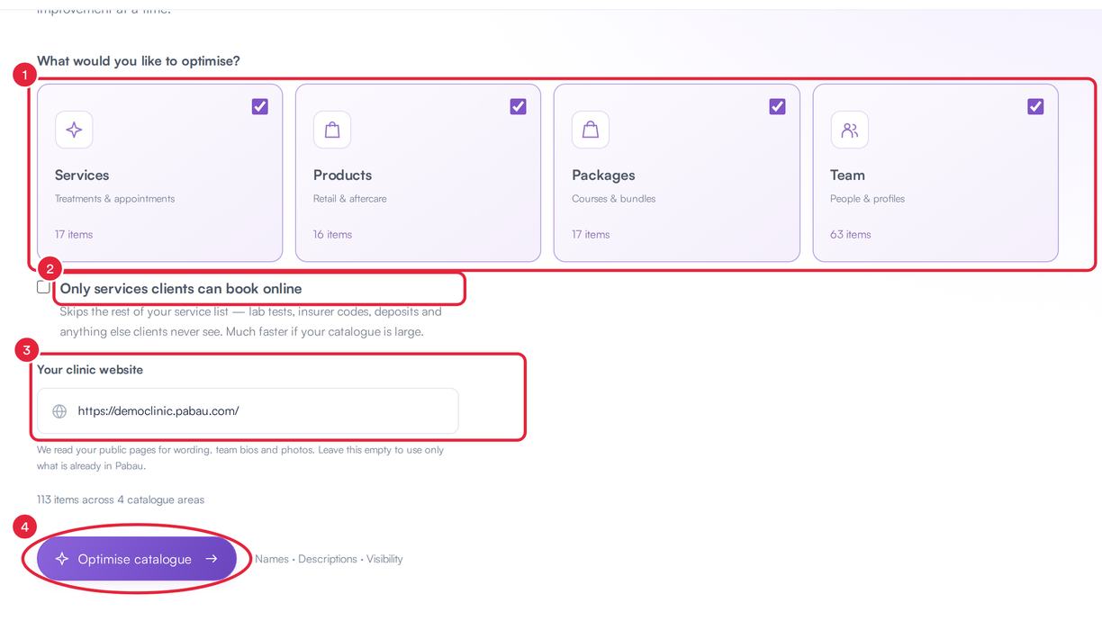 Catalogue optimisation set-up with the areas, Only services clients can book online, Your clinic website and Optimise catalogue marked