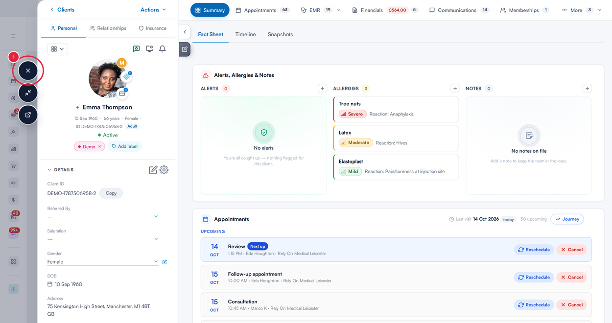 The client card open in a side panel over the report, with the close button marked