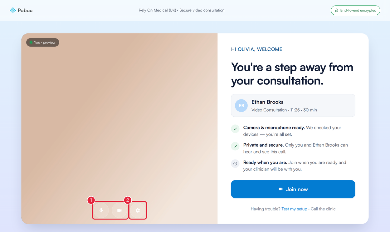 The video consultation welcome page with the microphone, camera and settings buttons marked