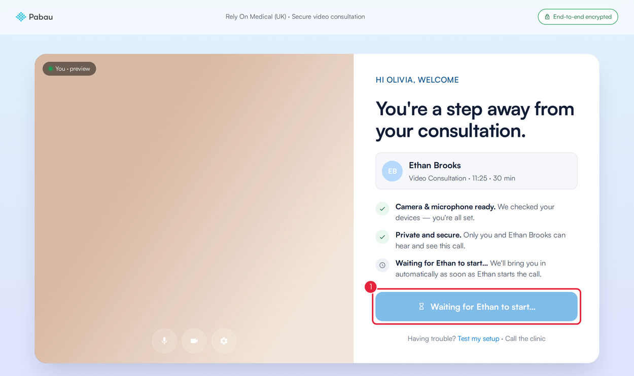 The welcome page showing Waiting for Ethan to start