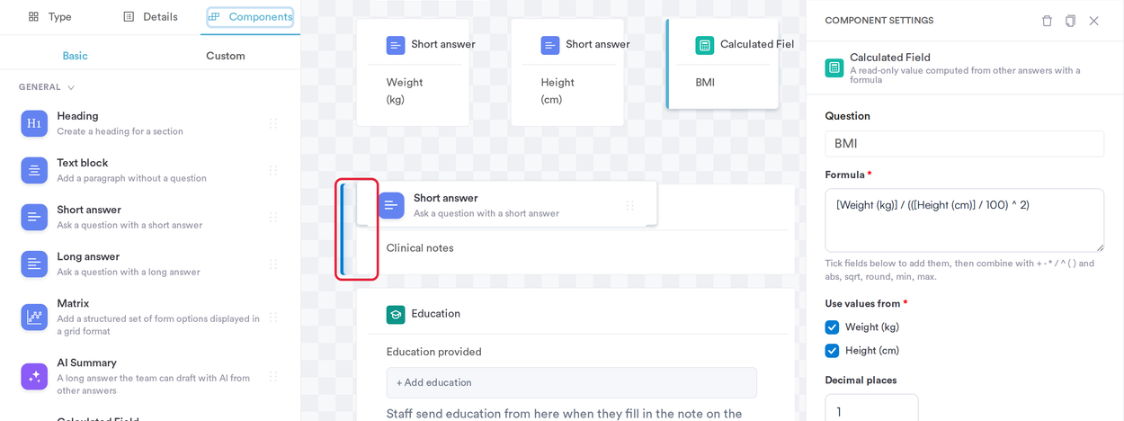 A Short answer being dragged onto the left edge of a question, with the blue bar on that edge marked