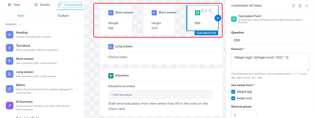 Weight, height and BMI questions in one row in the form builder