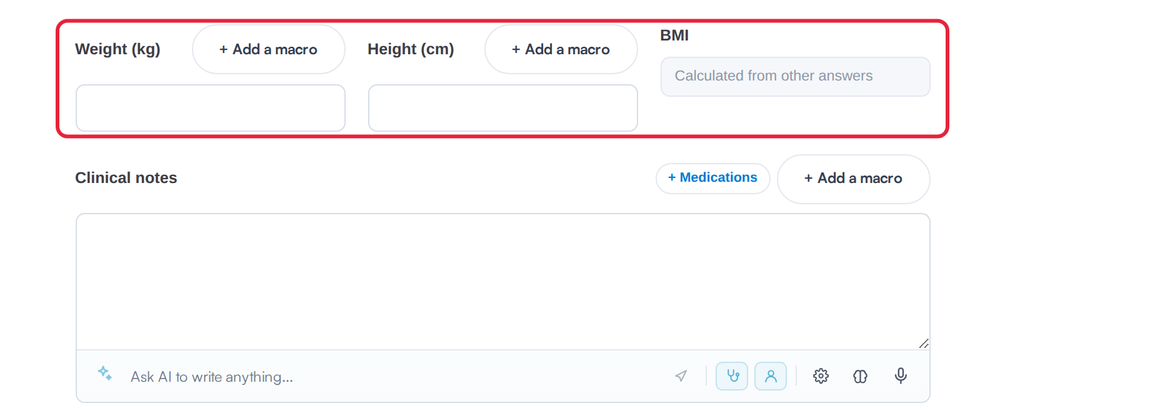 The weight, height and BMI questions side by side in a treatment note on the client card