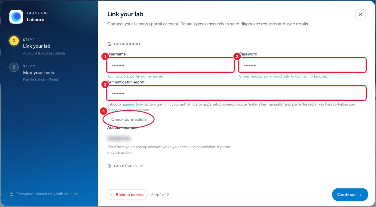 The Link your lab step for Labcorp with the Username, Password, Authenticator secret and Check connection controls marked