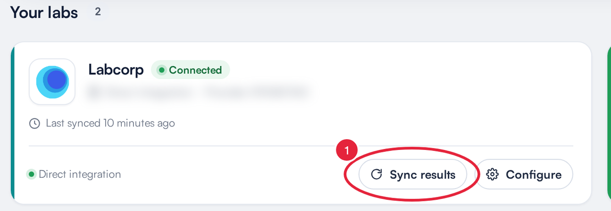 The connected Labcorp card under Your labs with the Sync results button marked