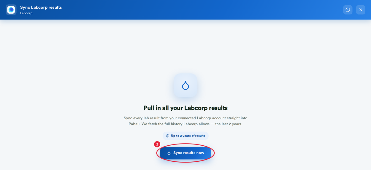 The Sync Labcorp results screen with the Sync results now button marked