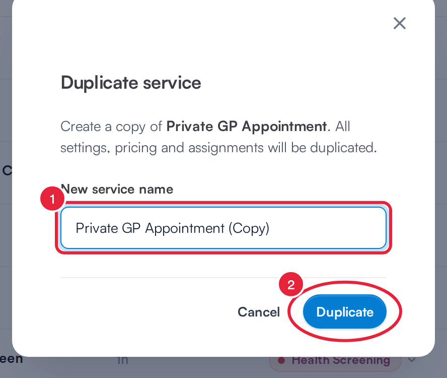The Duplicate service window with the New service name and the Duplicate button marked