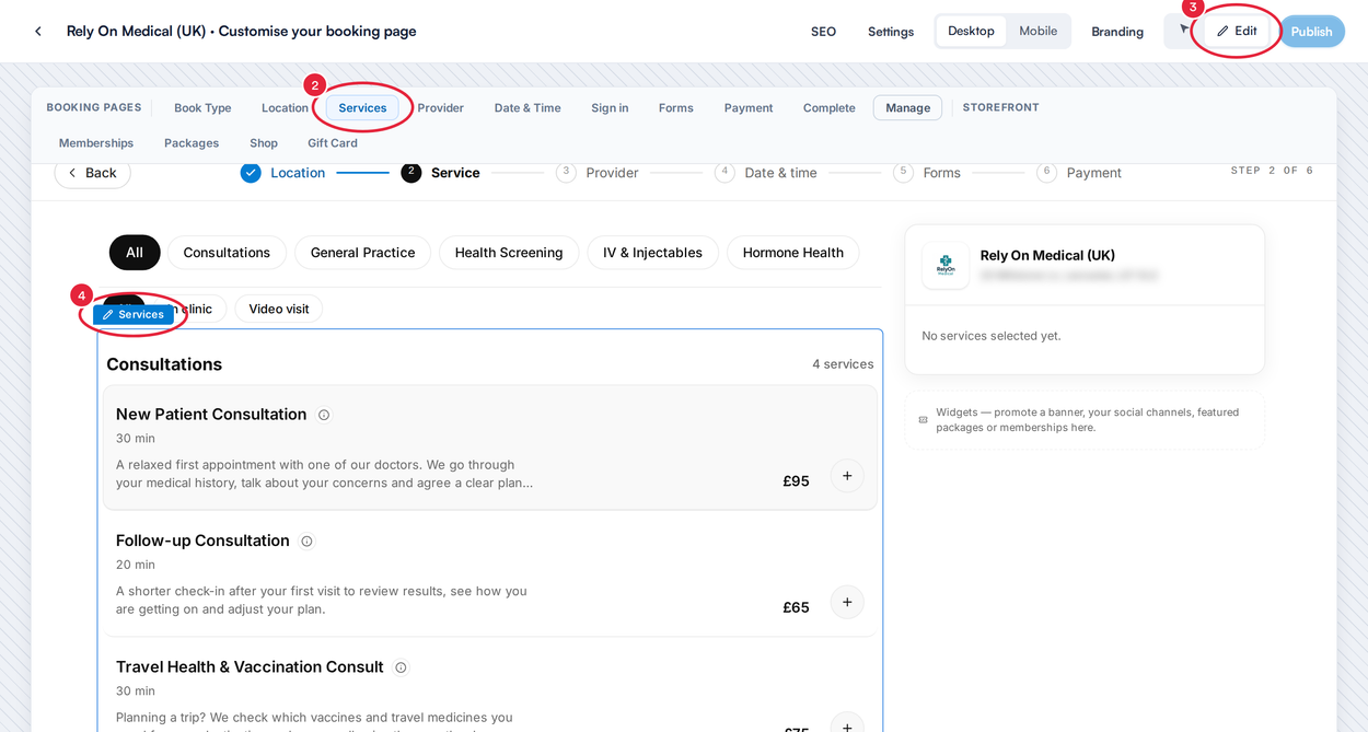 Pabau Studio on the Services page in Edit mode, with Services, Edit and the Services label marked