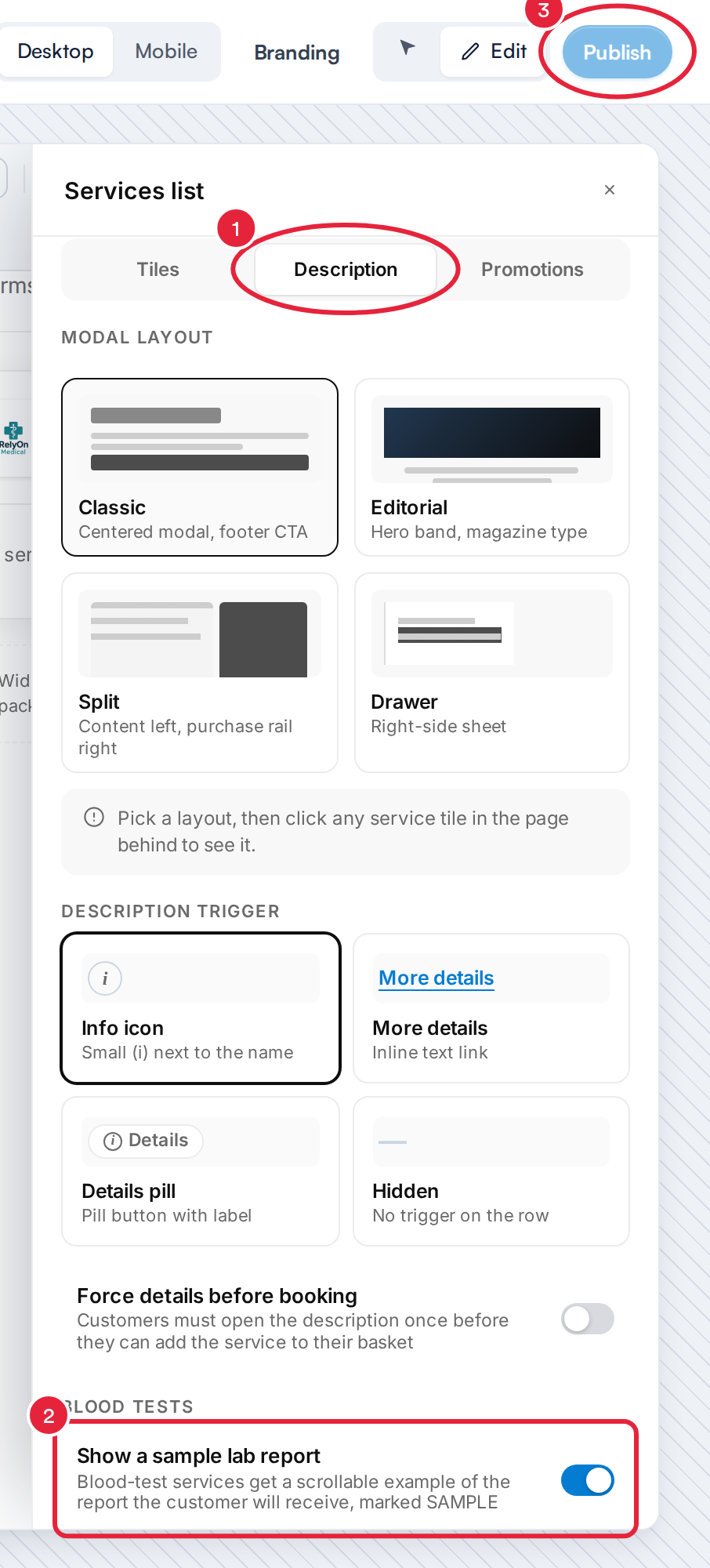 The Services list panel on the Description tab, with the Show a sample lab report switch and Publish marked