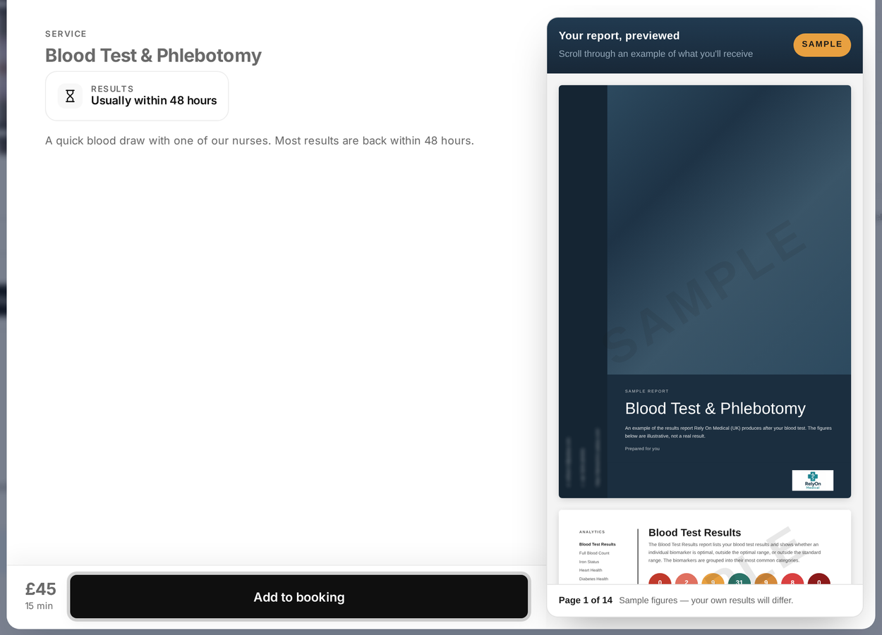 A blood test's details window with Your report, previewed and a sample report marked SAMPLE beside it