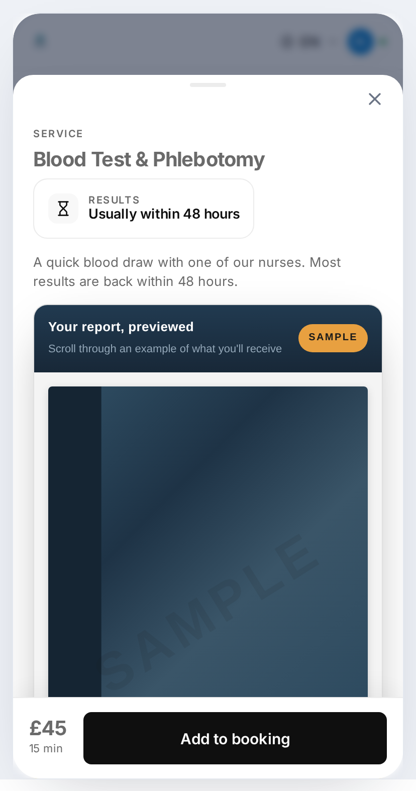 The sample report inside a blood test's details window on a phone