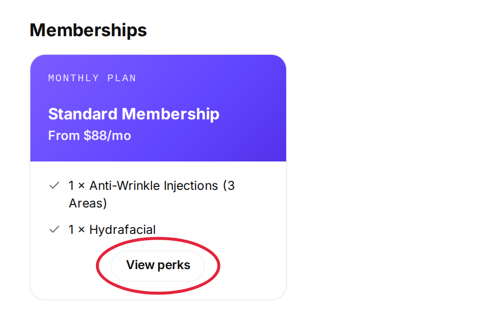 A membership card in the Memberships section of the Services step, with the View perks button marked