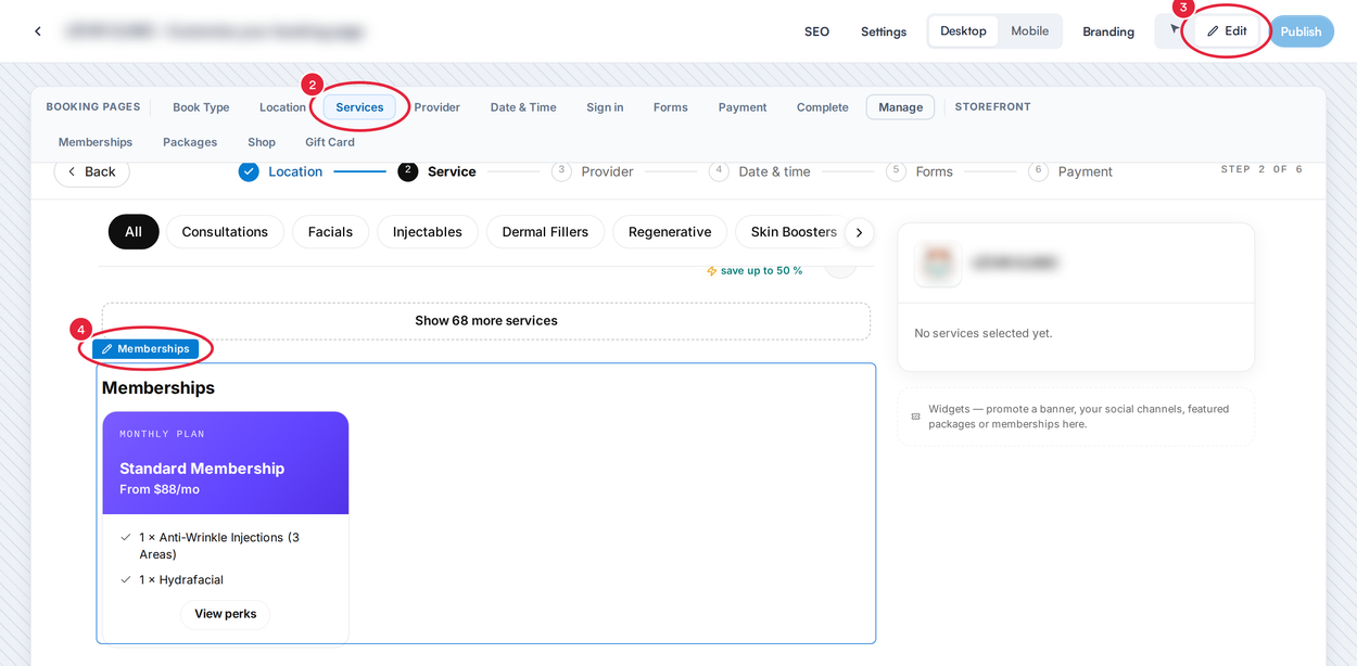 Pabau Studio on the Services page in Edit mode, with Services, Edit and the Memberships label marked