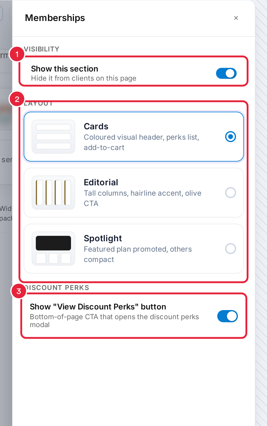 The Memberships panel with Show this section, the Cards, Editorial and Spotlight layouts and the View Discount Perks switch marked