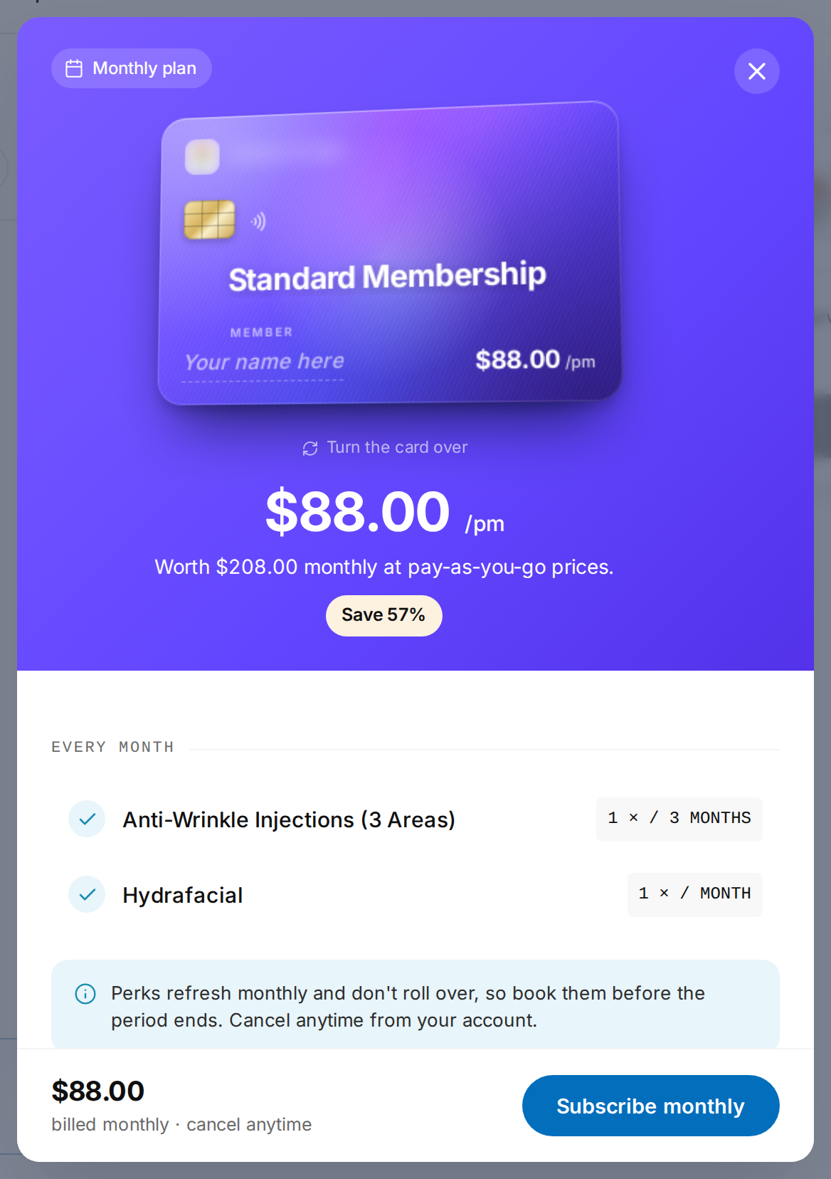 The plan window with the plan card, monthly price, saving, perks and Subscribe monthly button