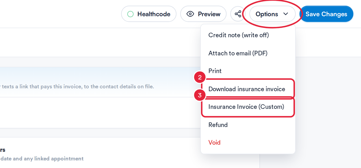 The invoice Options menu with Download insurance invoice and Insurance Invoice (Custom) marked