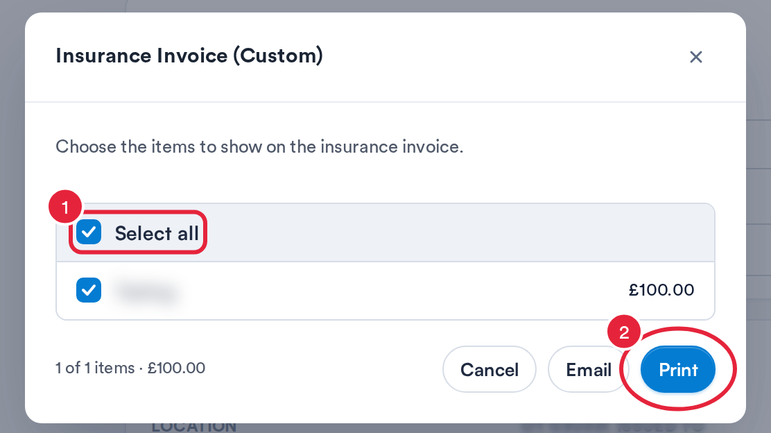 The Insurance Invoice (Custom) window with Select all and the Print button marked