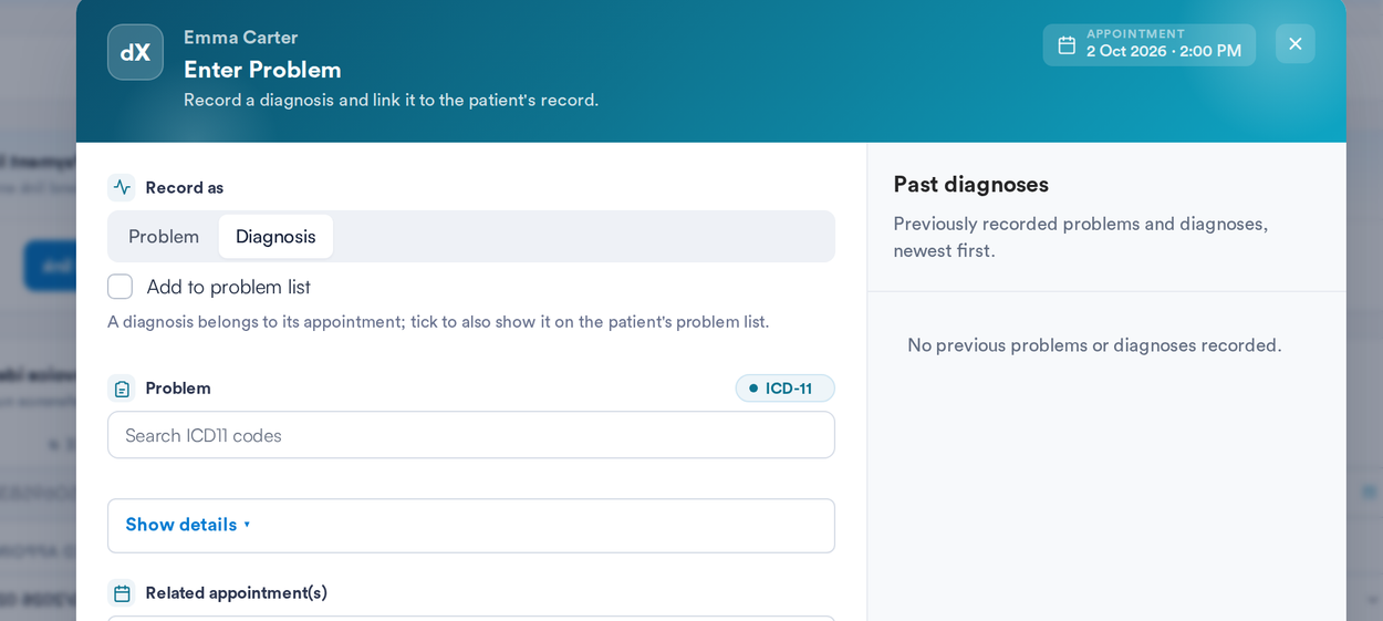 The Enter Problem window Pabau opens when an invoice has no diagnosis