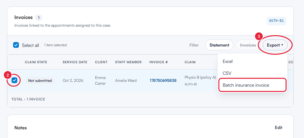 The insurance case Invoices section with an invoice ticked and Export and Batch insurance invoice marked