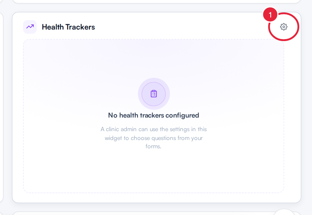 The empty Health Trackers widget on the client Summary with its settings gear marked