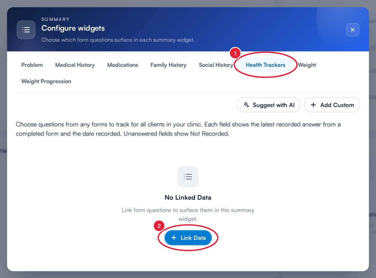 The Configure widgets window on the Health Trackers tab with Link Data marked