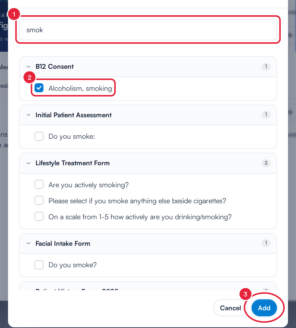 The Add Field window with the question search, a ticked question and the Add button marked
