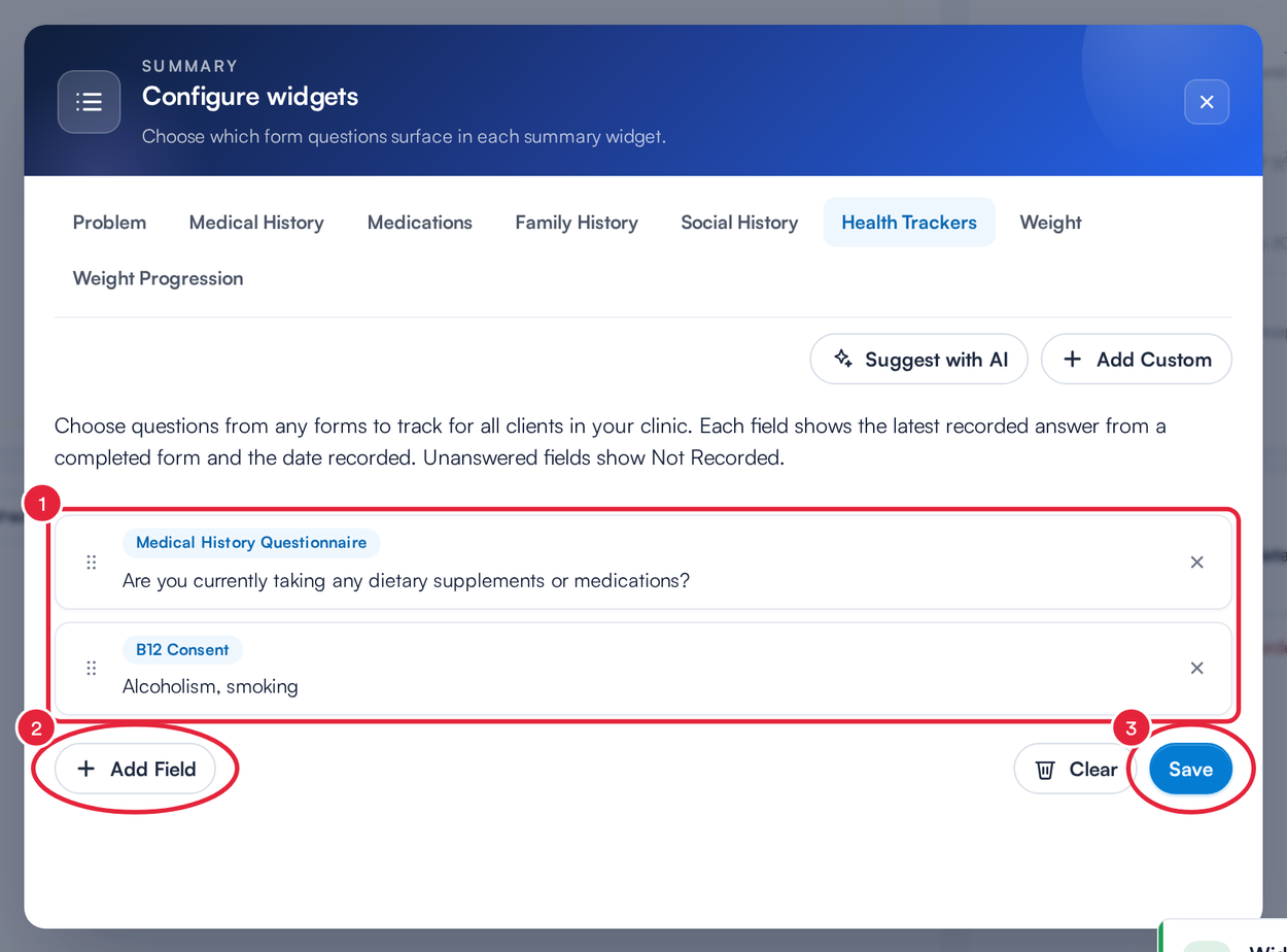 The linked Health Trackers questions with the list, Add Field and Save marked