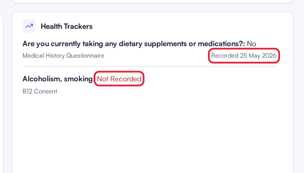 The Health Trackers widget showing one answer with its Recorded date and one question marked Not Recorded